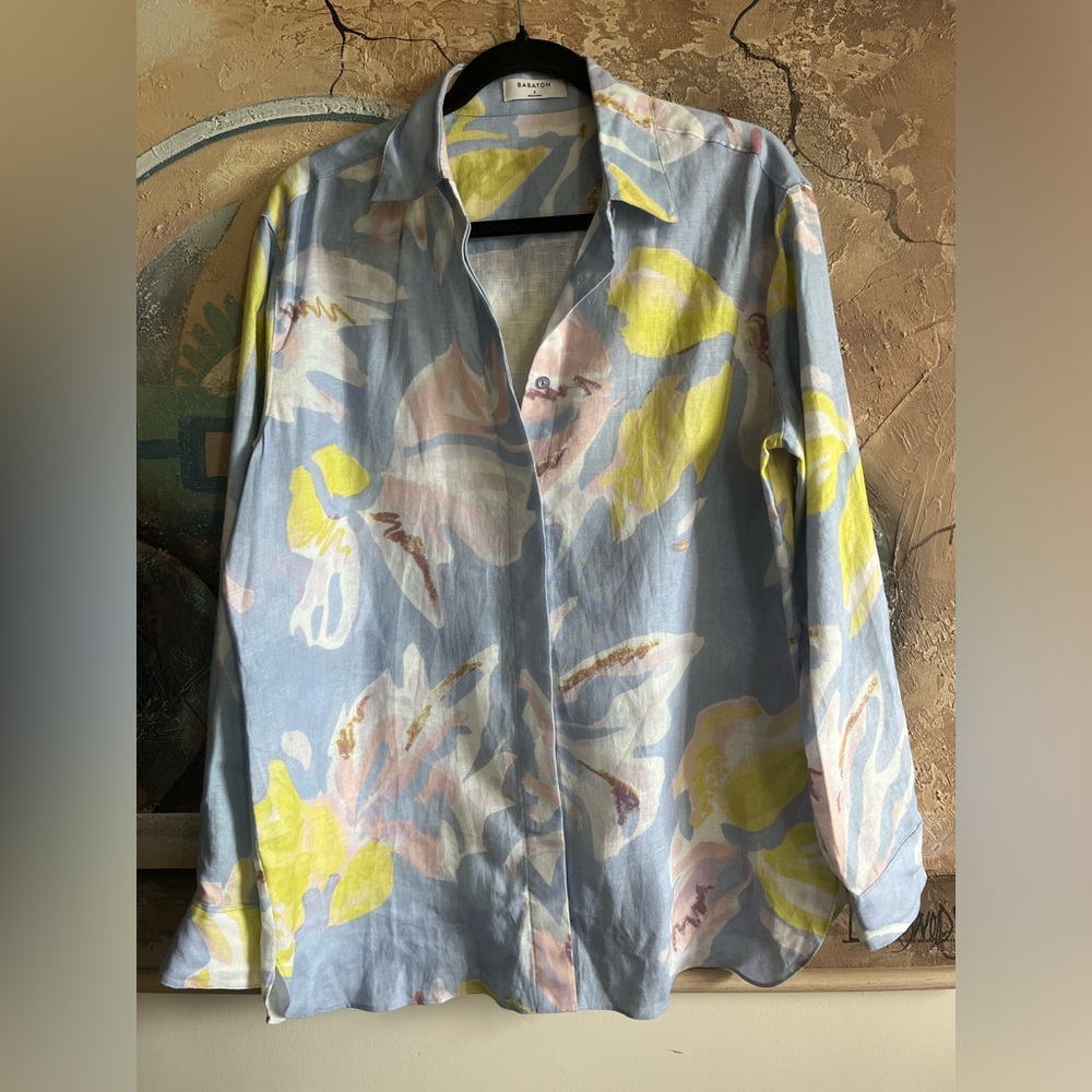 Aritzia Babaton 100 % Linen Button-down Pastel Floral Blouse
